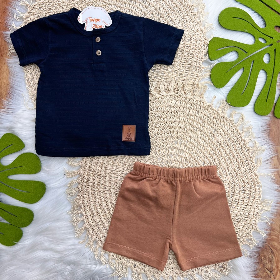 Conj. Camiseta Safari Listrada Pontilhada e Bermuda - Marinho e Marrom